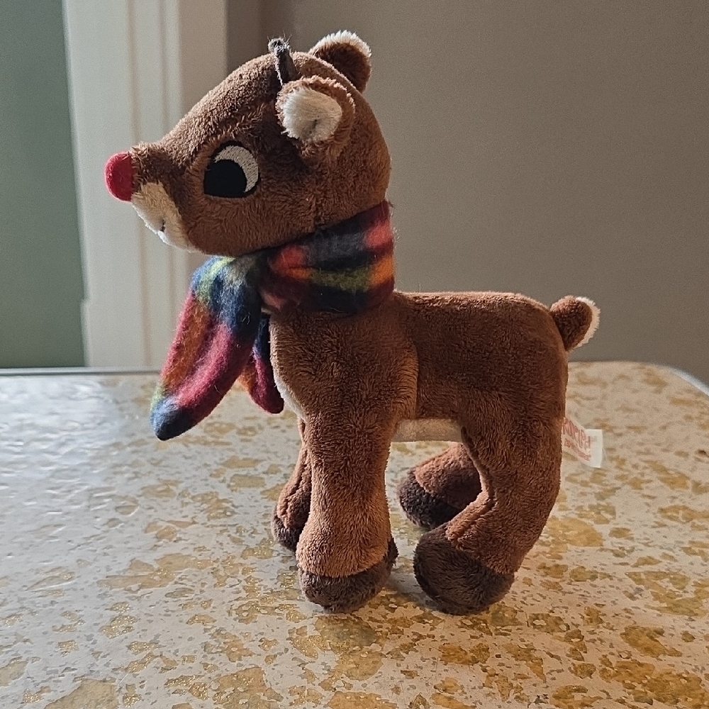 Brown Plush Reindeer Toy with Multicolor Scarf